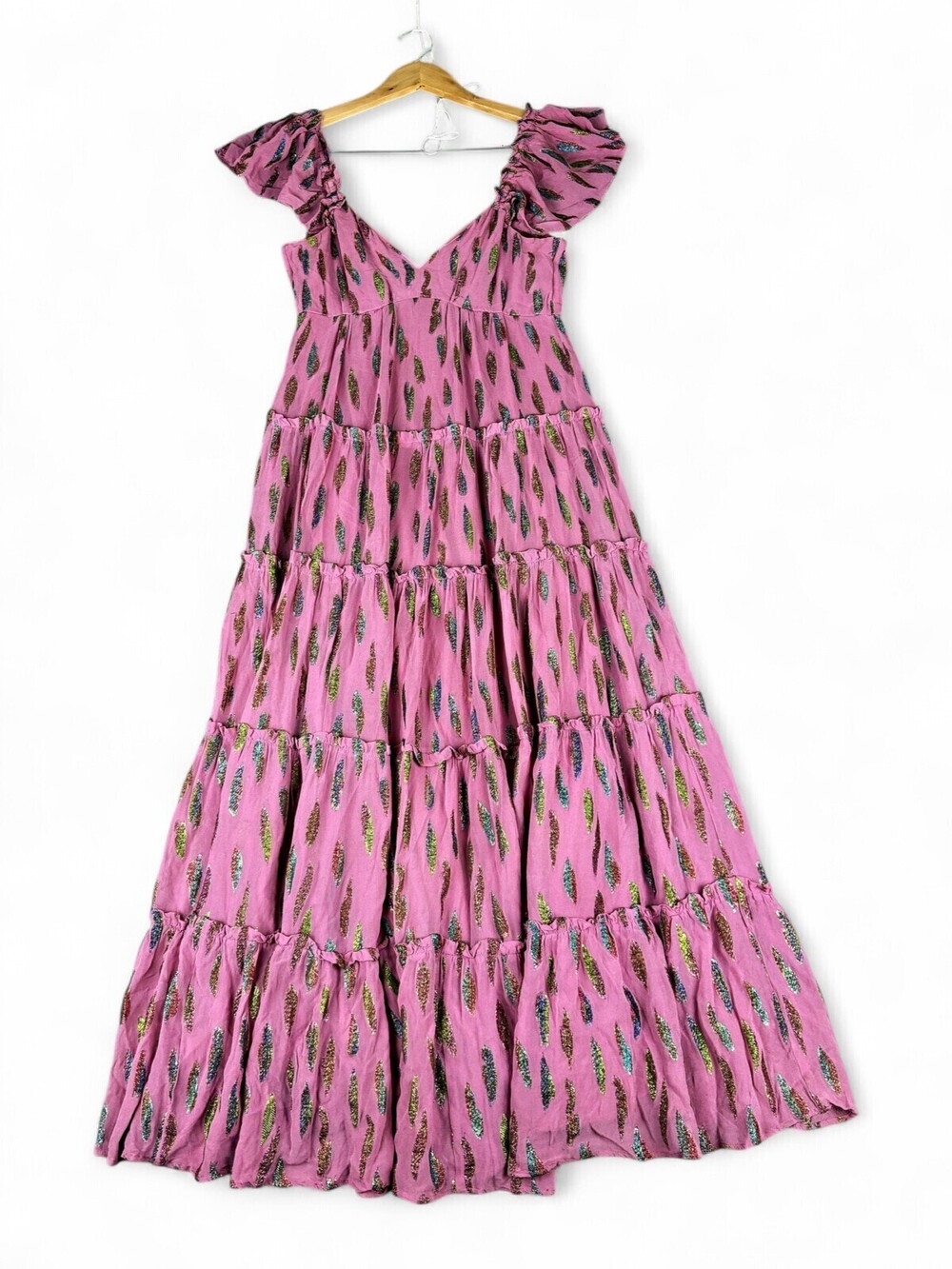 Saylor Pink Metallic Feather Tiered Maxi Dress S